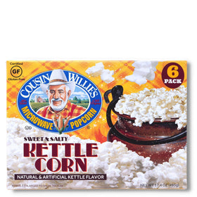 Cousin Willie's Kettle Corn microwave bags box, ideal for quick gluten-free snacks.