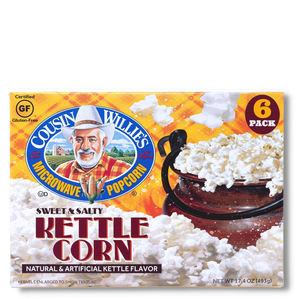 Cousin Willie's Kettle Corn microwave bags box, ideal for quick gluten-free snacks.