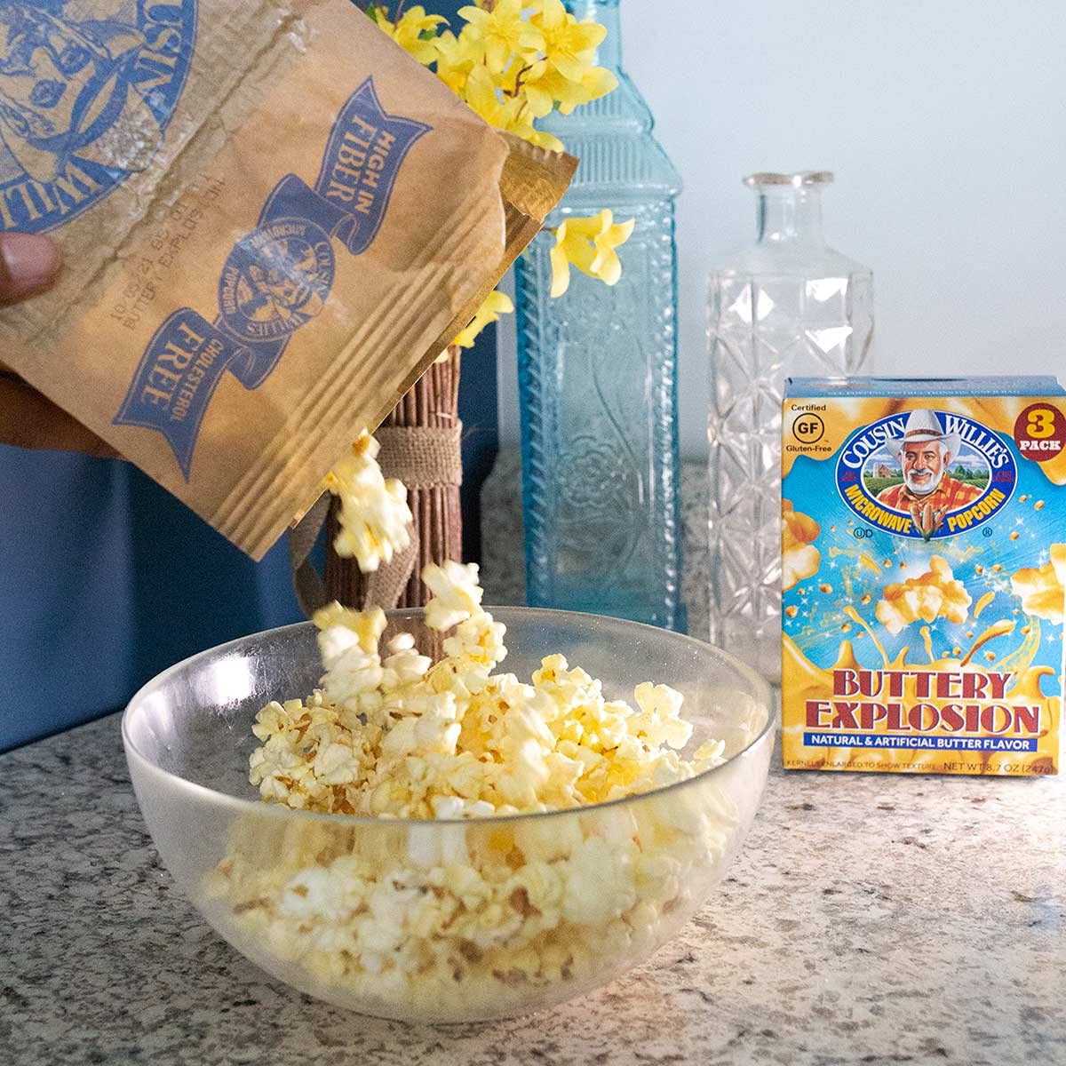 Cousin Willie's Non-GMO label on popcorn bags for ingredient transparency.