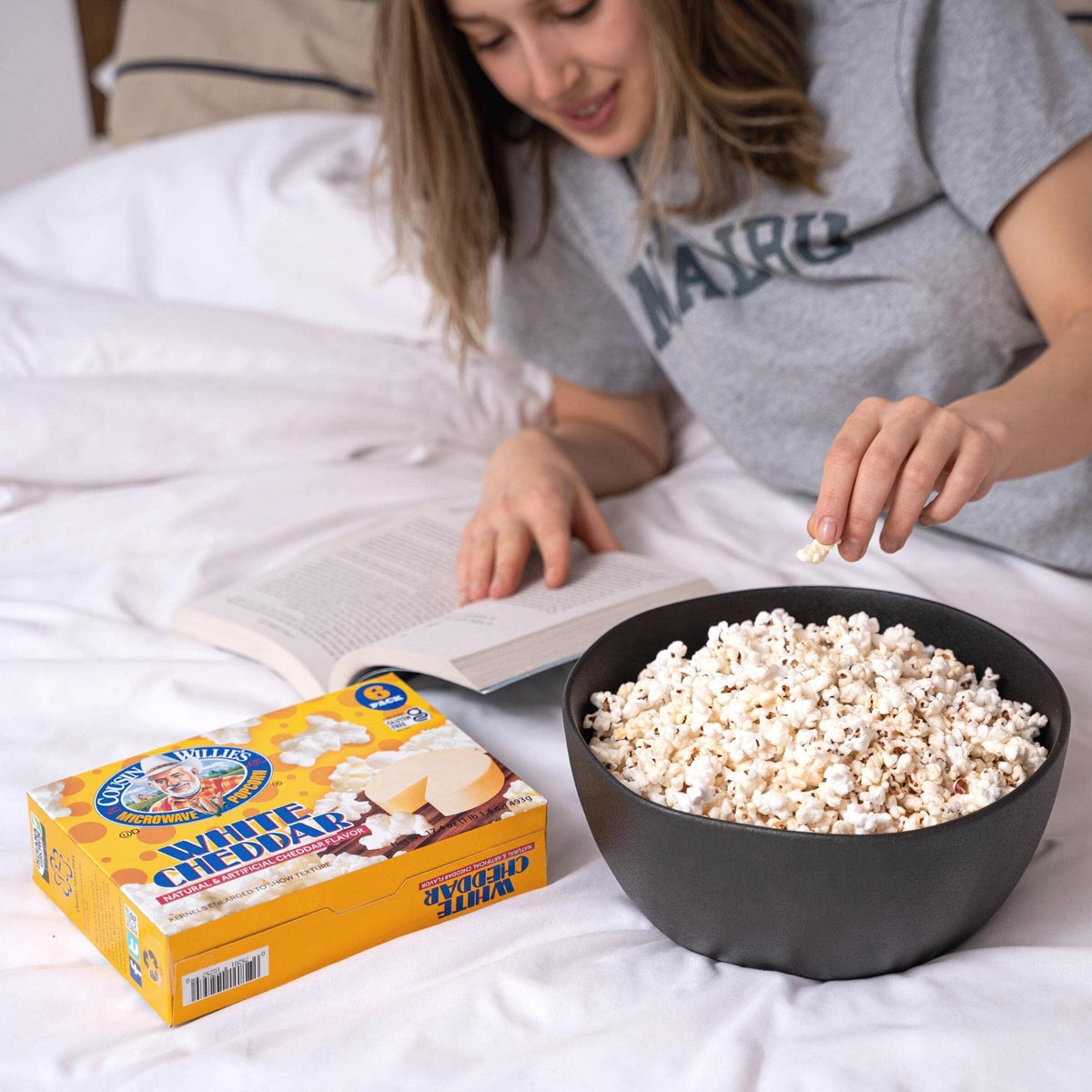 Cousin Willie's packaging on display, emphasizing US-grown, non-GMO kernels.