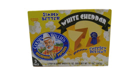Cousin Willie's Simply Better White Cheddar popcorn microwave bags, easy to pop.