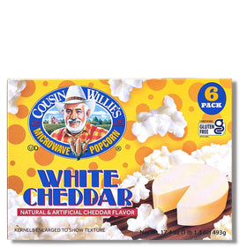 Cousin Willie's White Cheddar popcorn box displays the six-pack, gluten-free snack option.
