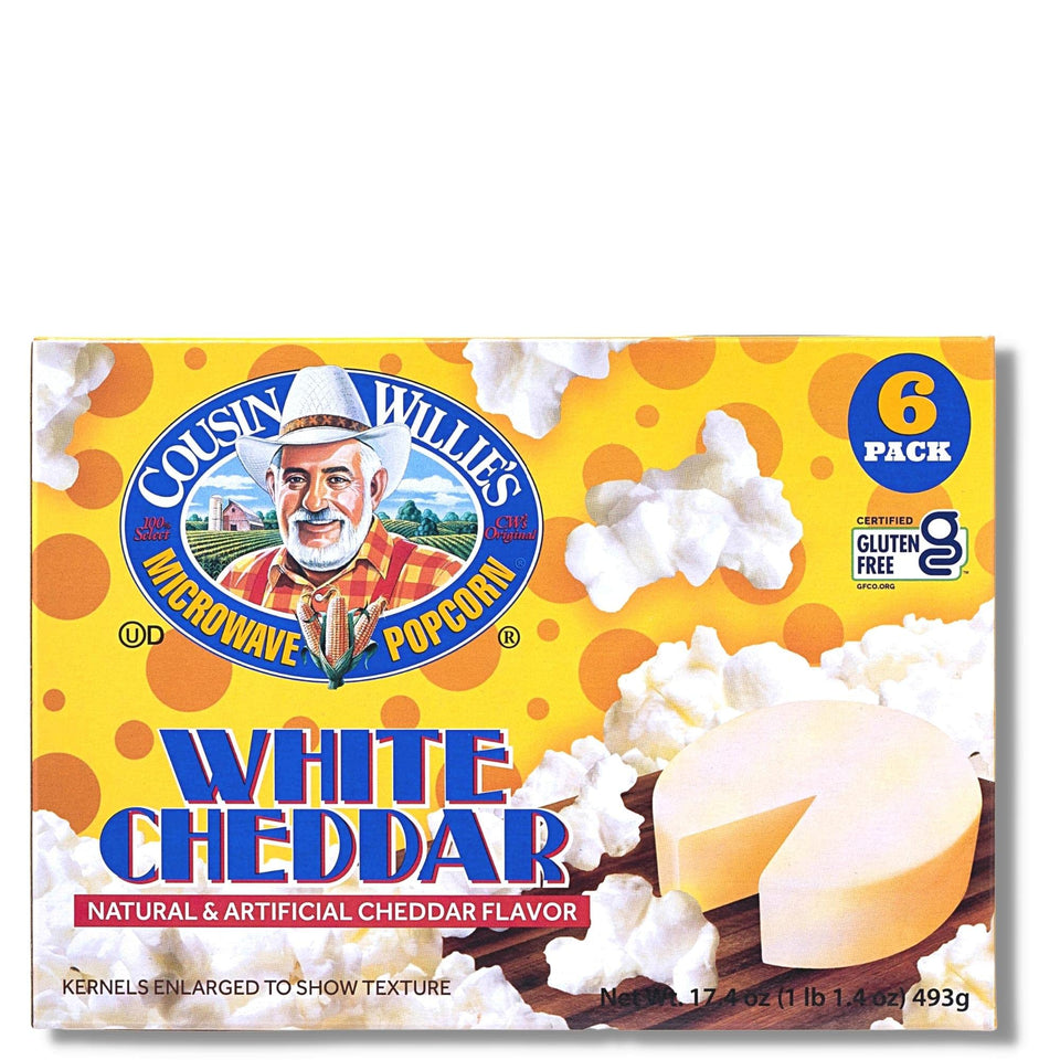 Cousin Willie's White Cheddar popcorn box displays the six-pack, gluten-free snack option.