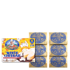 Cousin Willie's White Cheddar popcorn bags arranged for microwave prep, a quick tasty option.