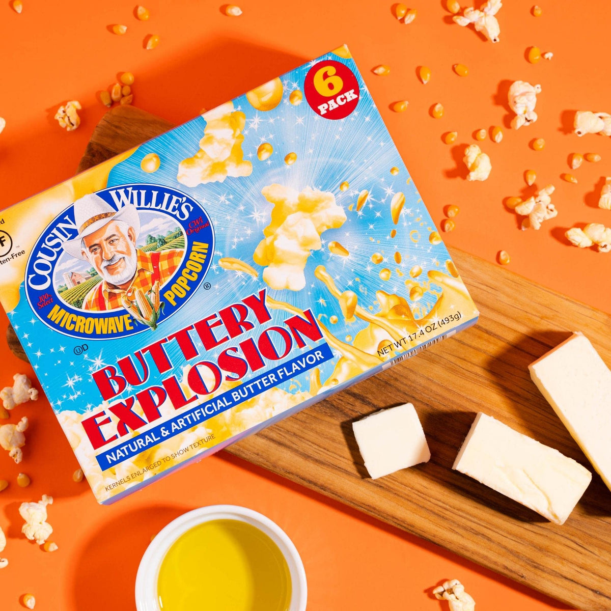 Cousin Willie's whole grain popcorn highlights quality and wholesome snacking.