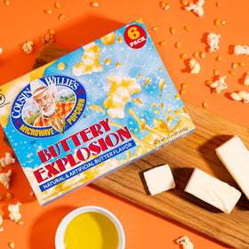 Cousin Willie's whole grain popcorn highlights quality and wholesome snacking.