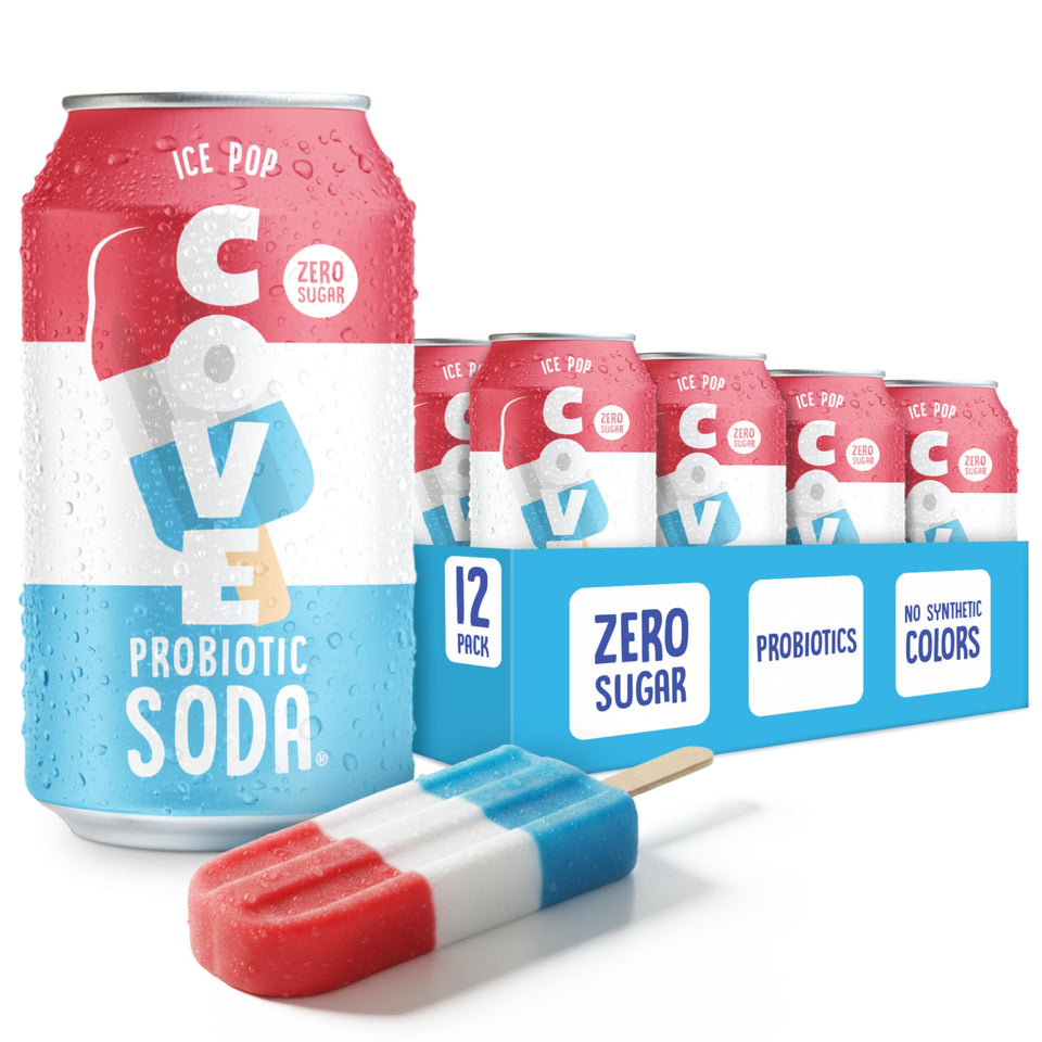Cove Soda Ice Pop can front view showing probiotic and zero sugar.