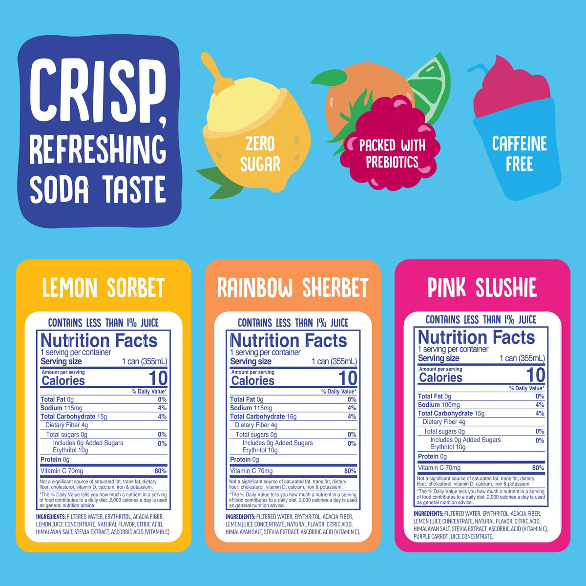 Cove Soda Rainbow Sherbet can highlighting bold flavor and prebiotic benefits.