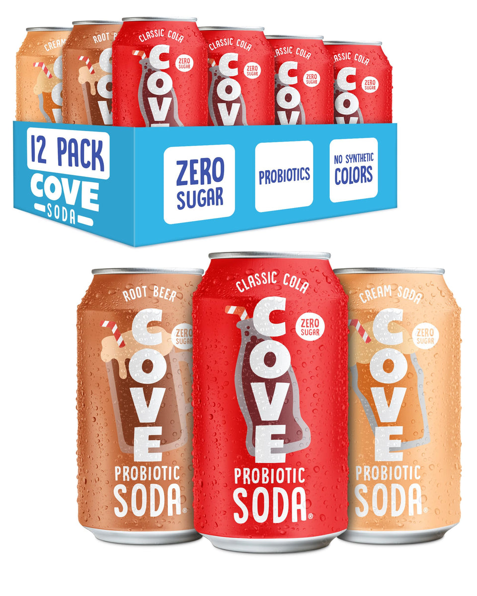 Cove Soda Root Beer can with probiotic fizz and zero sugar for a nostalgic sip.