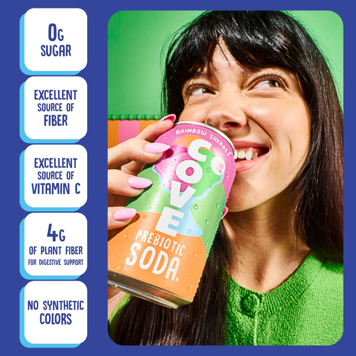 Cove Soda Vitamin C Boost can emphasizes 80% DV and fiber per can.