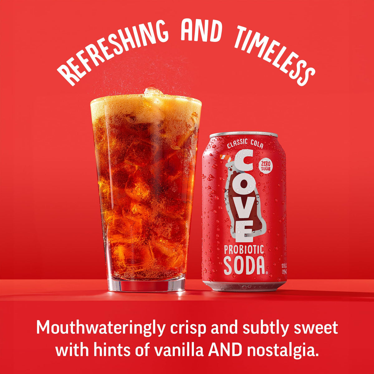 Cove Soda crisp cola in glass with ice for refreshing mood lift.