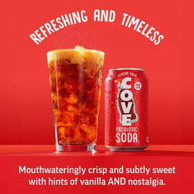 Cove Soda crisp cola in glass with ice for refreshing mood lift.