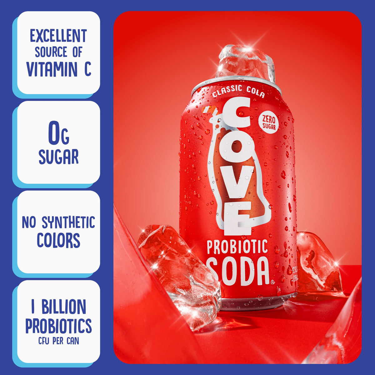 Cove Soda zero-sugar formula with natural sweeteners in packaging.