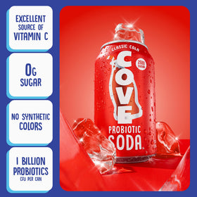 Cove Soda zero-sugar formula with natural sweeteners in packaging.