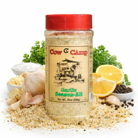 Cow Camp Garlic Seasoning on chopping board ready to season proteins