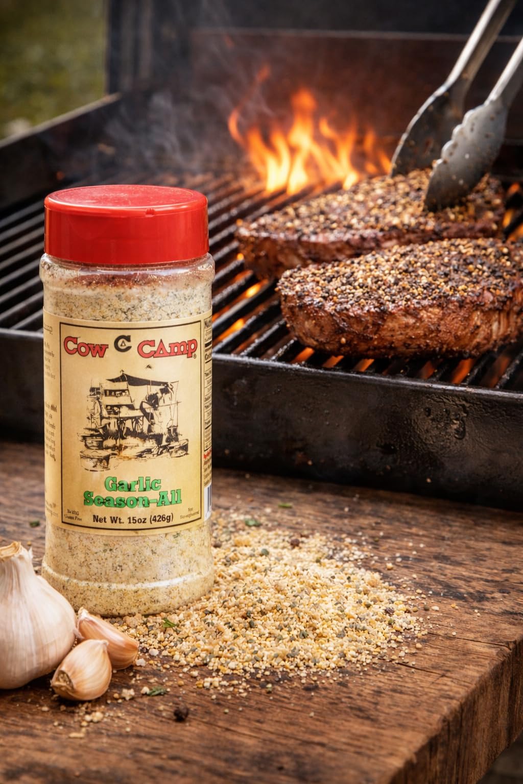Cow Camp Garlic Seasoning on grill-ready meats with balanced aroma