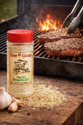 Cow Camp Garlic Seasoning on grill-ready meats with balanced aroma