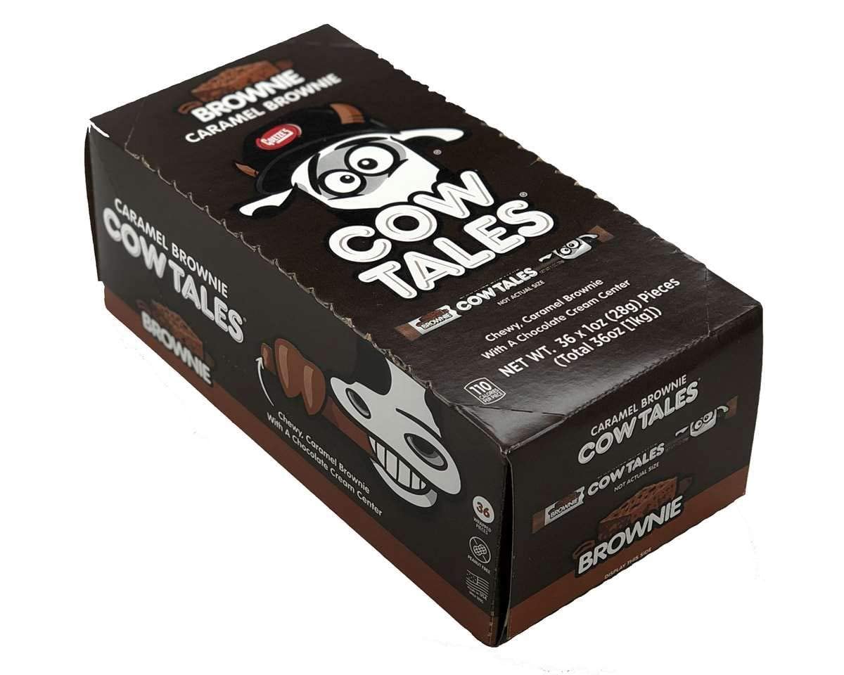 Cow Tales Caramel Brownie display pack showing vegan, peanut-free treats ready for sharing.