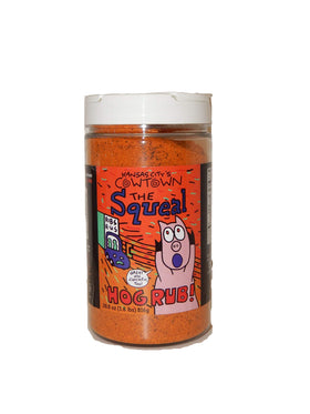 Cowtown Squeal Hog Rub bottle front highlights bold pork seasoning for grilling.