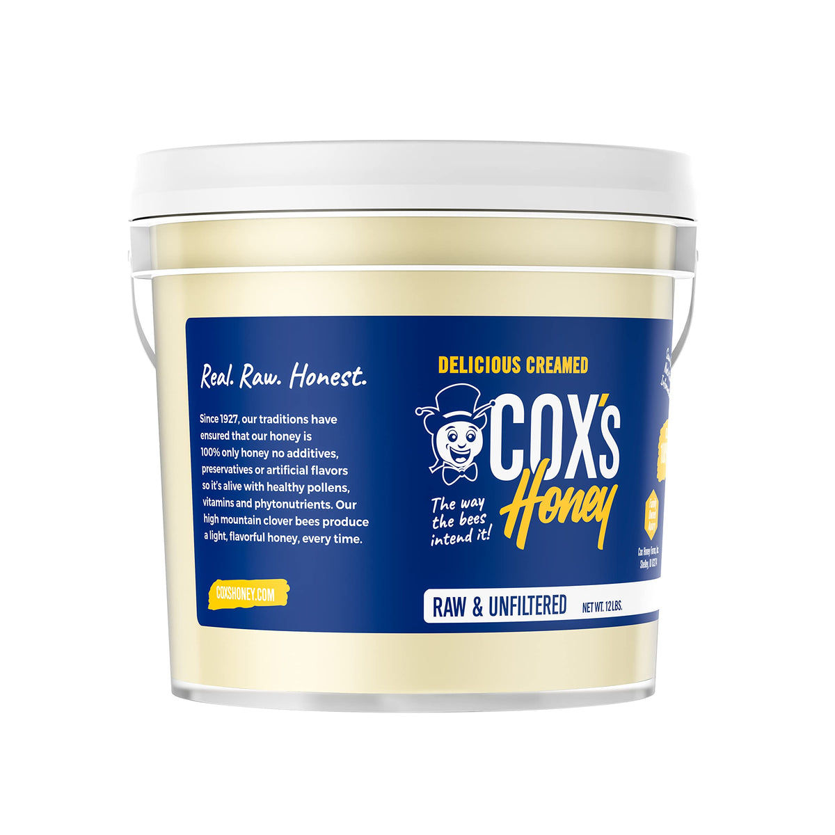Cox's Honey bulk packaging label shows quantity, ideal for bulk kitchen use.