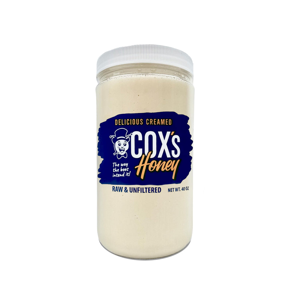 Cox's Honey creamed whipped honey 40 oz jar shows smooth, spreadable texture for easy use.