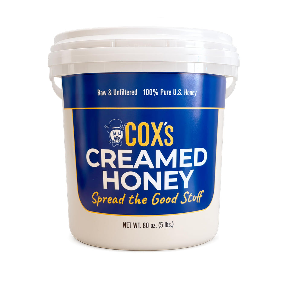 Cox's Honey creamed whipped honey 80oz jar with smooth spreadable texture.