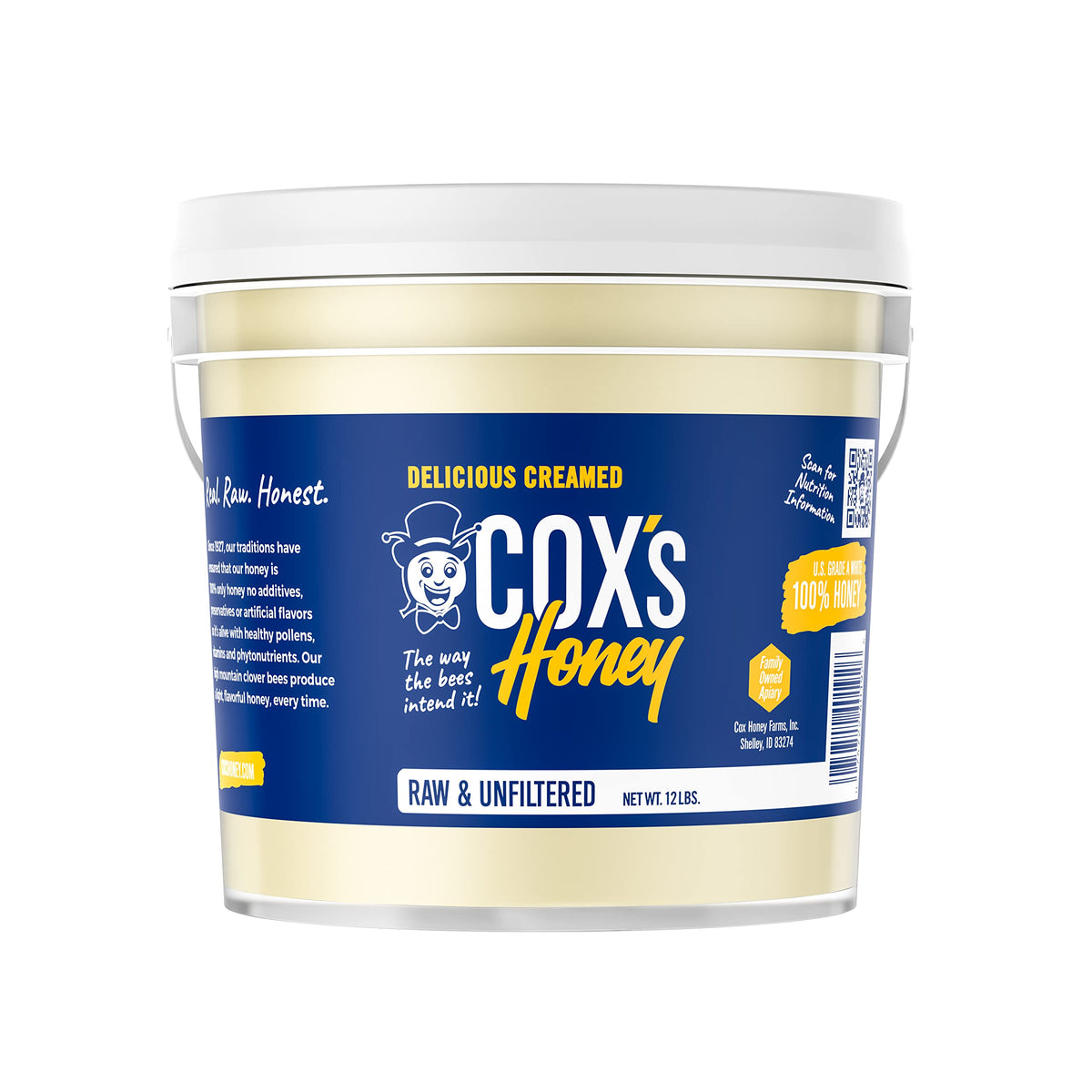 Cox's Honey creamed whipped raw 12lb jar, perfect for spreading.