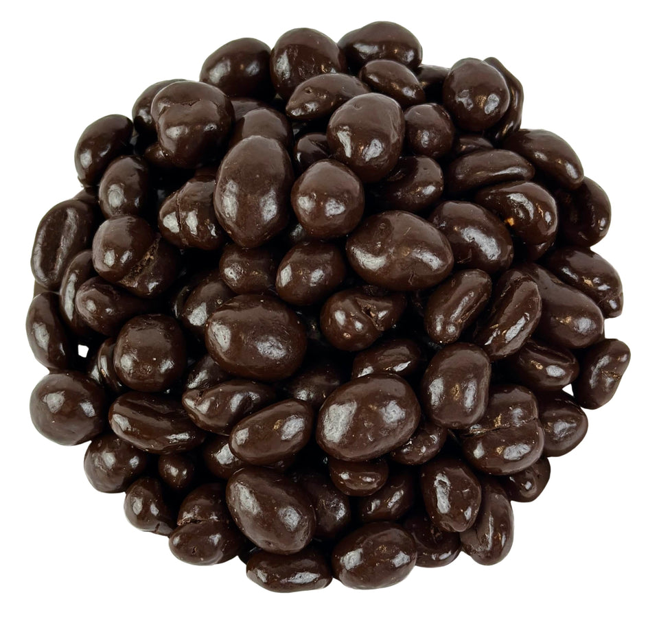 Cozy Confections dark chocolate covered peanuts with glossy coating and crunchy bite, ideal snack.