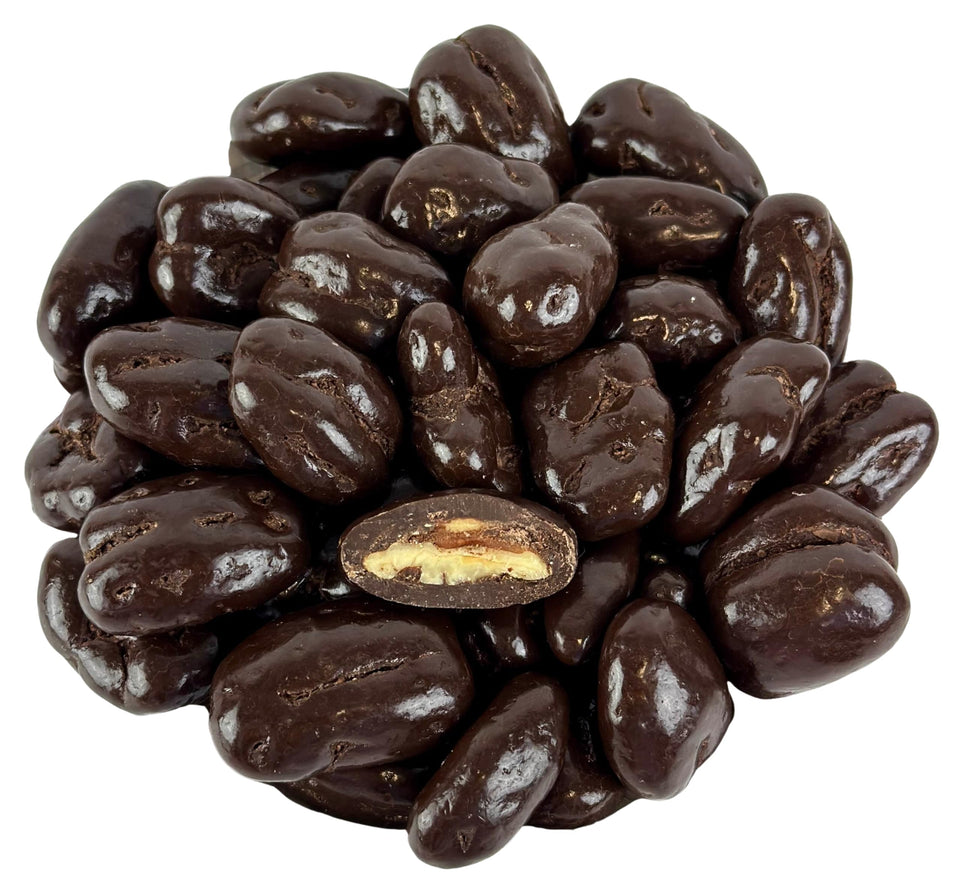 Cozy Confections Dark Chocolate Covered Pecans—crunchy texture, gourmet snack.