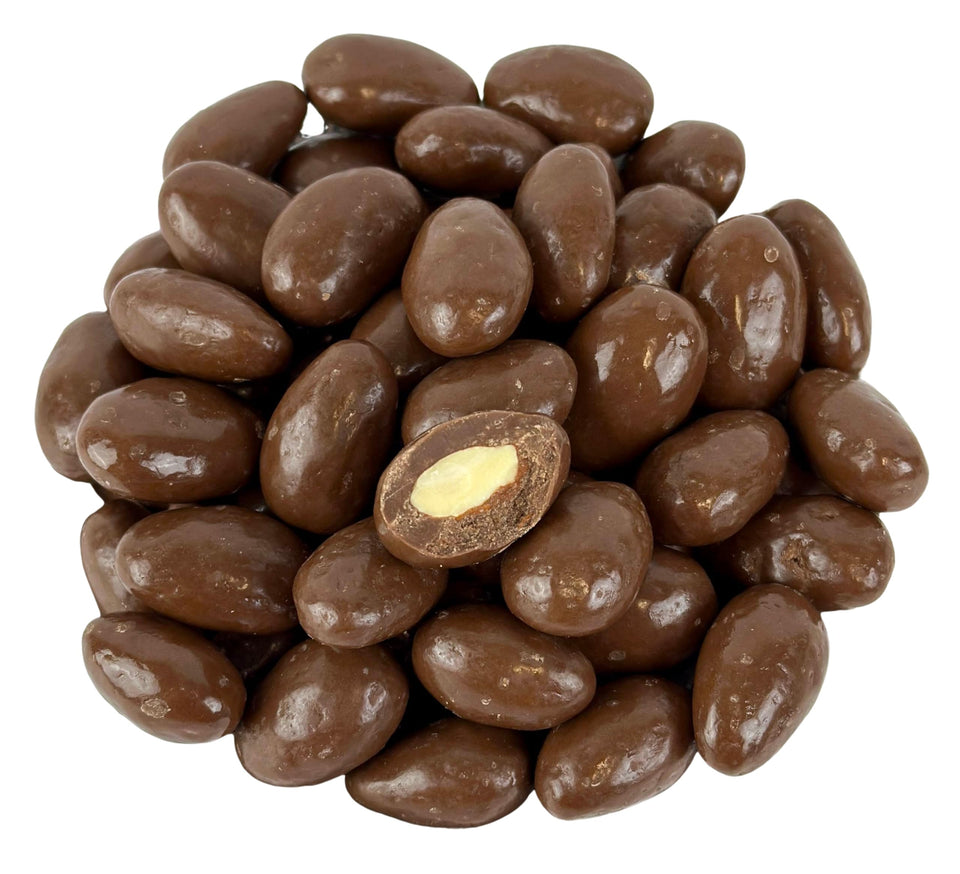 Cozy Confections milk chocolate covered almonds in a resealable bag for fresh snacking.