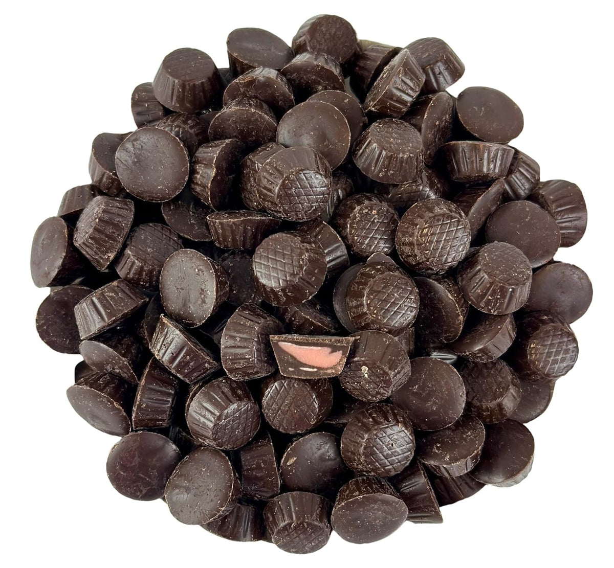 Cozy Confections mini dark chocolate raspberry cream cups in a resealable bag for snacking.