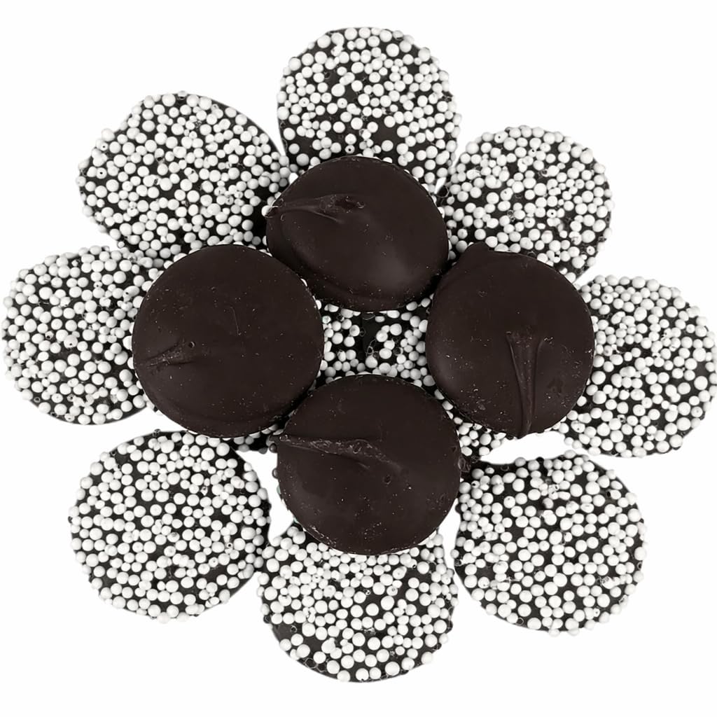 Cozy Confections premium dark chocolate nonpareils with white seeds product shot—crisp texture for snacking.