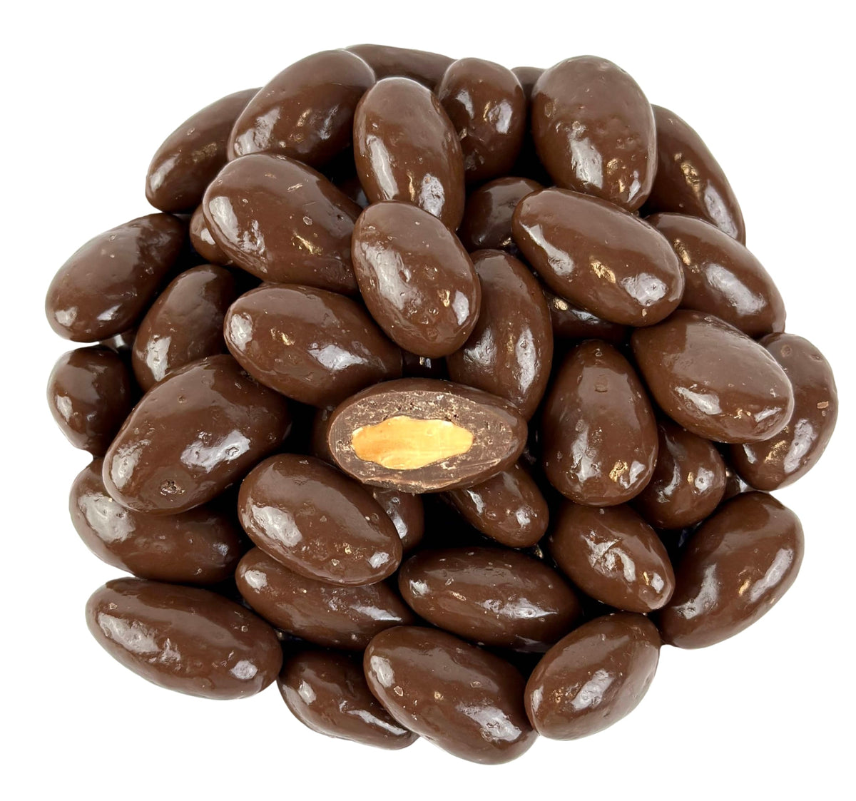 Cozy Confections Sugar-Free Milk Chocolate Covered Almonds close-up in resealable bag for fresh snacking
