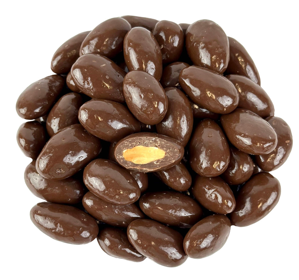 Cozy Confections Sugar-Free Milk Chocolate Covered Almonds close-up in resealable bag for fresh snacking