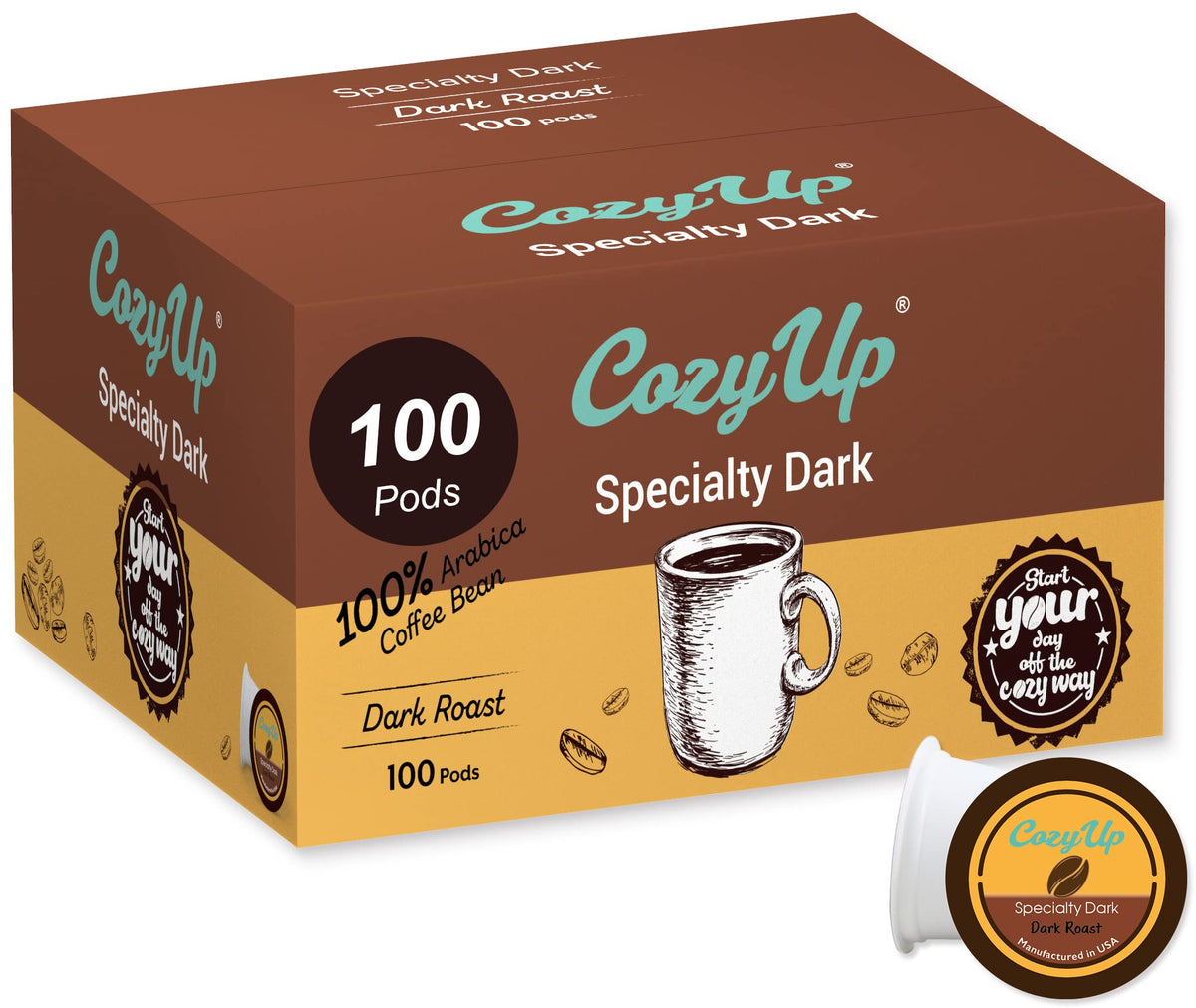 Cozy Up dark roast pods packaging shows a US-roasted blend for premium mornings.