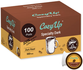 Cozy Up dark roast pods packaging shows a US-roasted blend for premium mornings.