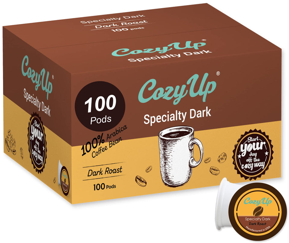 Cozy Up dark roast pods packaging shows a US-roasted blend for premium mornings.