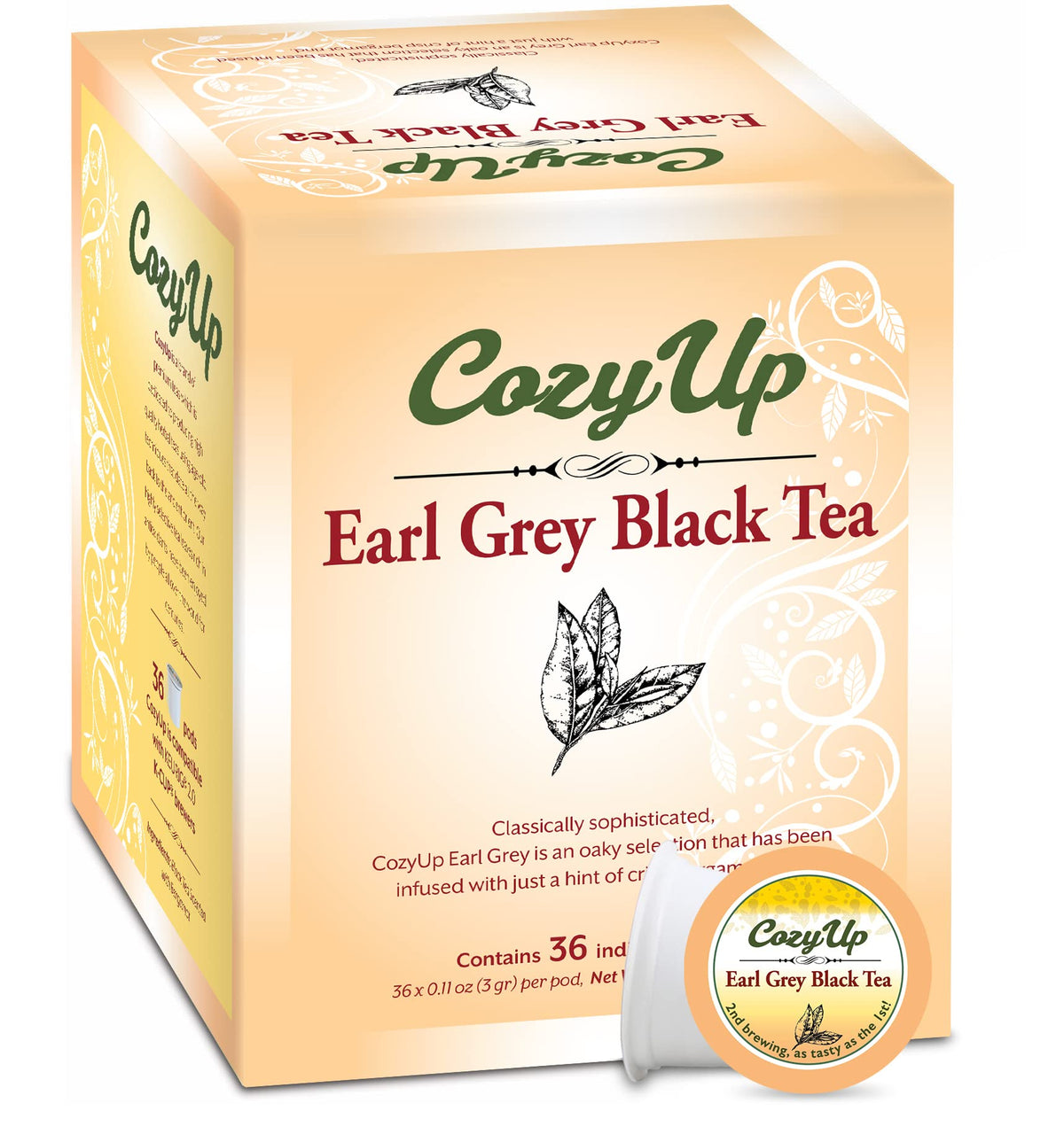 Cozy Up Earl Grey K-Cup pods front packaging, premium bergamot-infused black tea for bold aroma.