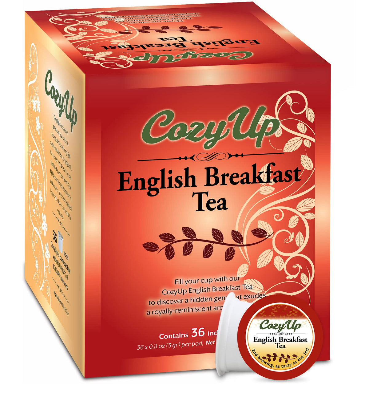Cozy Up English Breakfast K-Cup pods in box for quick morning brewing.