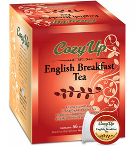 Cozy Up English Breakfast K-Cup pods in box for quick morning brewing.