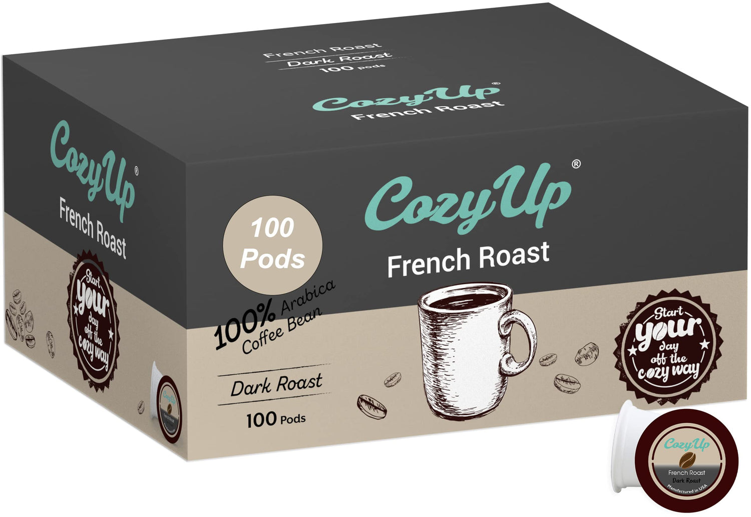 Cozy Up French Roast pod pack in USA, bold aroma for mornings.