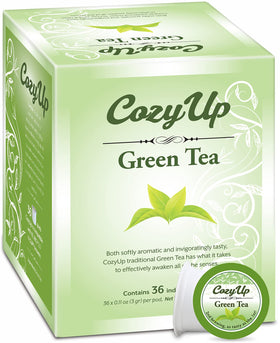 Cozy Up green tea K-Cup packshot for quick, fresh morning brews.