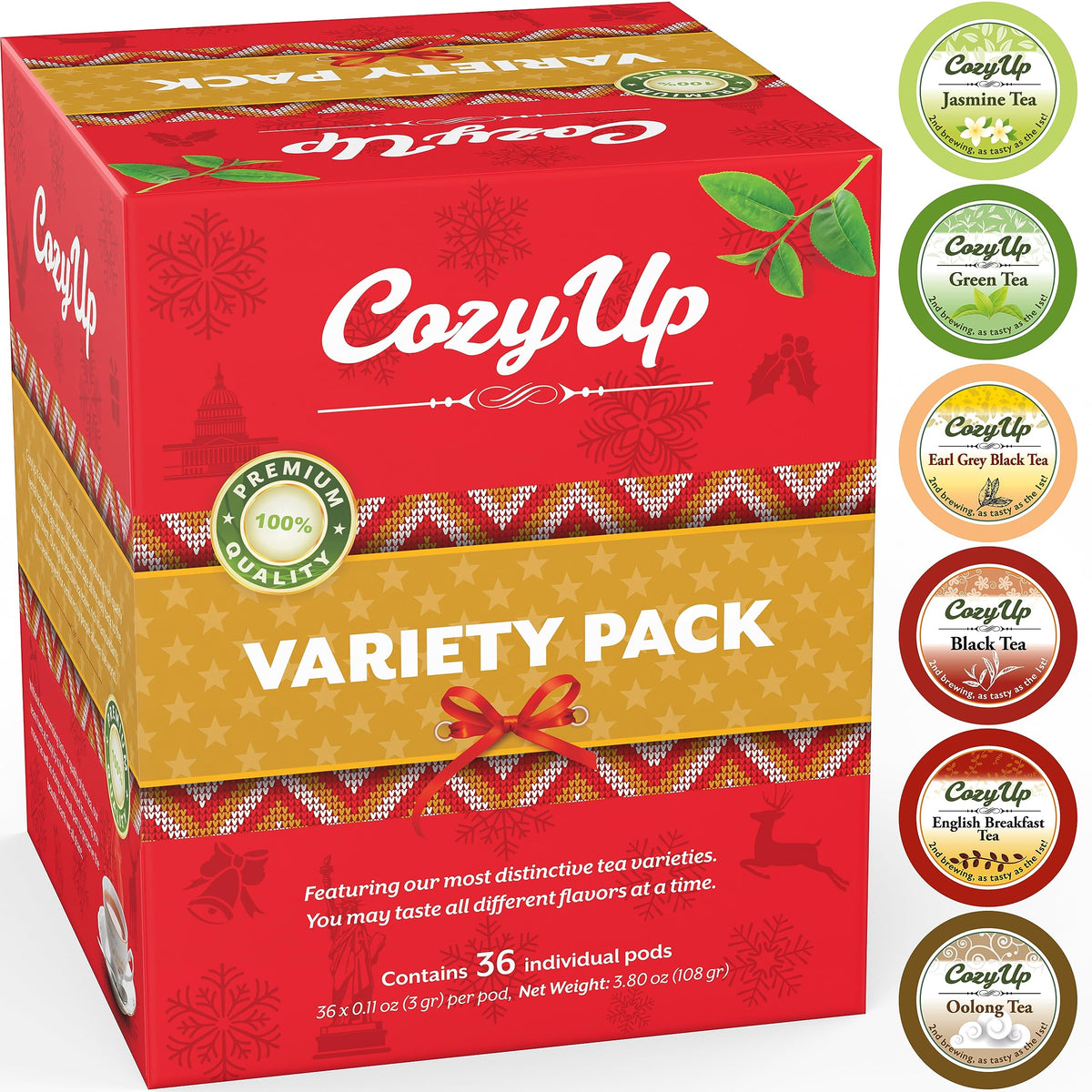 Cozy Up green tea pods in a 36-count pack for a refreshing morning cup