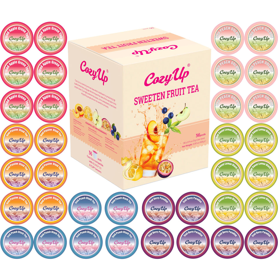 Cozy Up iced sweet fruit tea variety pack box ready for Keurig brewing.