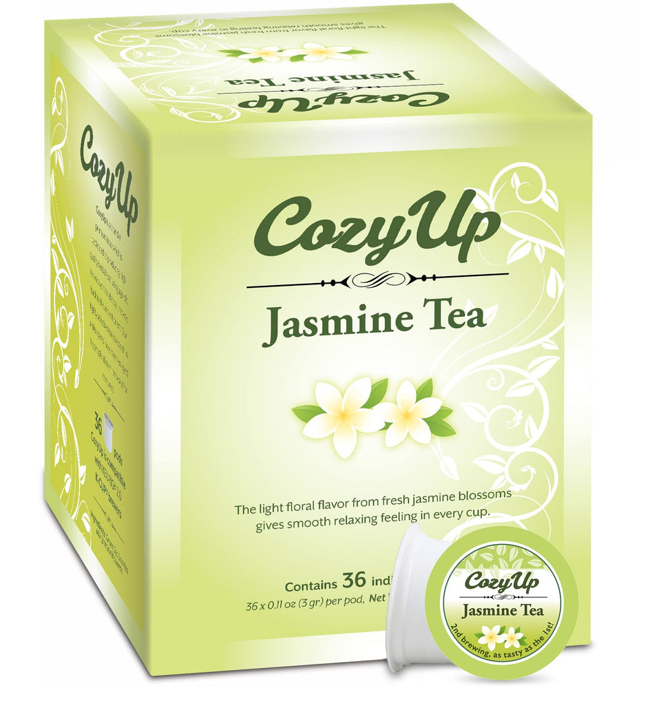 Cozy Up Jasmine Green Tea K-Cups 36-pack pack shot for quick brewing.