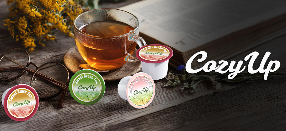 Cozy Up Jasmine Green Tea K-Cups no artificial additives label displayed.