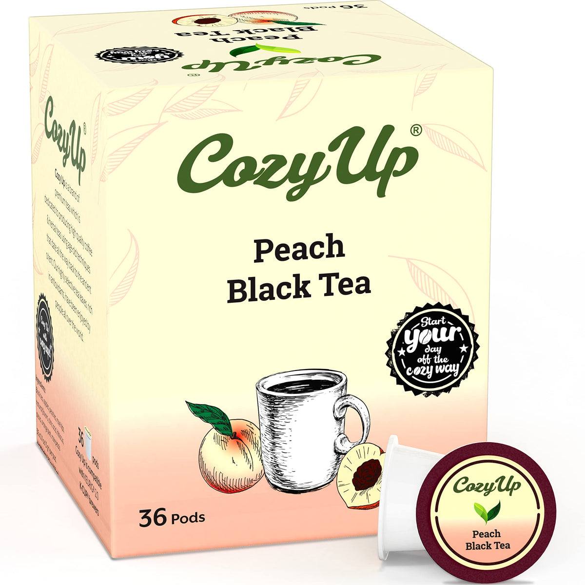 Cozy Up Peach Black Tea Pods box, convenient for Keurig brewers.