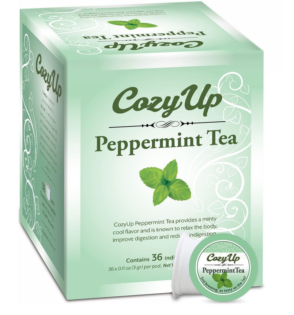 Cozy Up Peppermint Tea K-Cup Pods pack highlights fresh peppermint leaves for a refreshing start