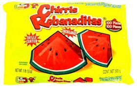 CP Chirris Rebanaditas watermelon-spicy hard candy close-up shows bold heat with sweet watermelon flavor.