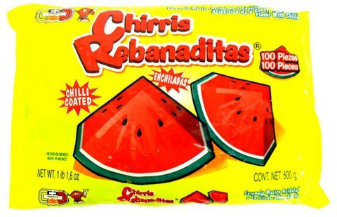 CP Chirris Rebanaditas watermelon-spicy hard candy close-up shows bold heat with sweet watermelon flavor.
